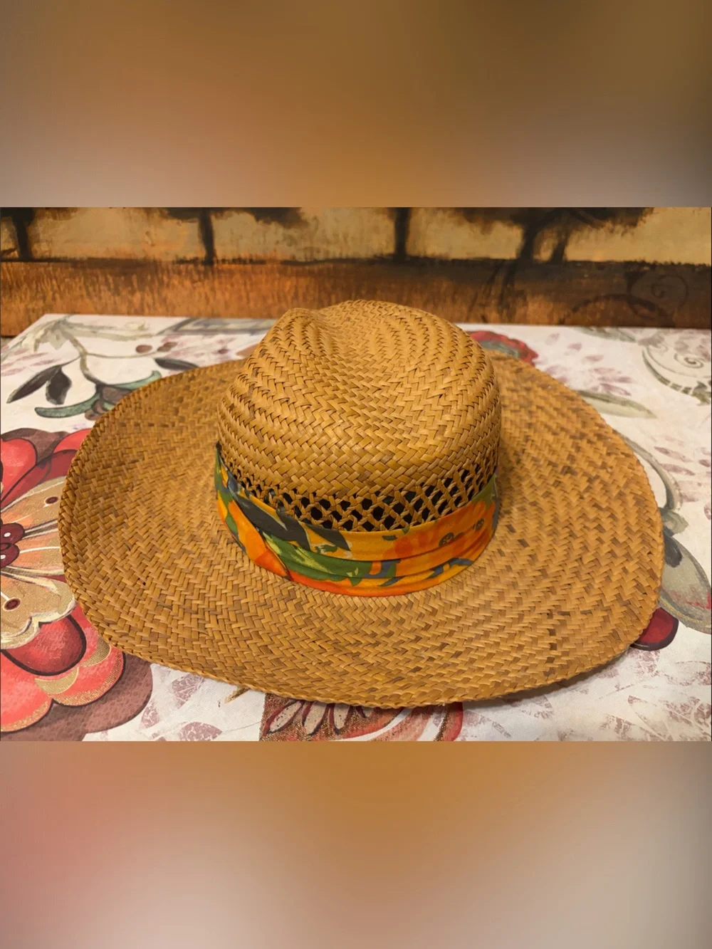 Straw Wide-Brim Sun Hat with Orange Scarf Accent
